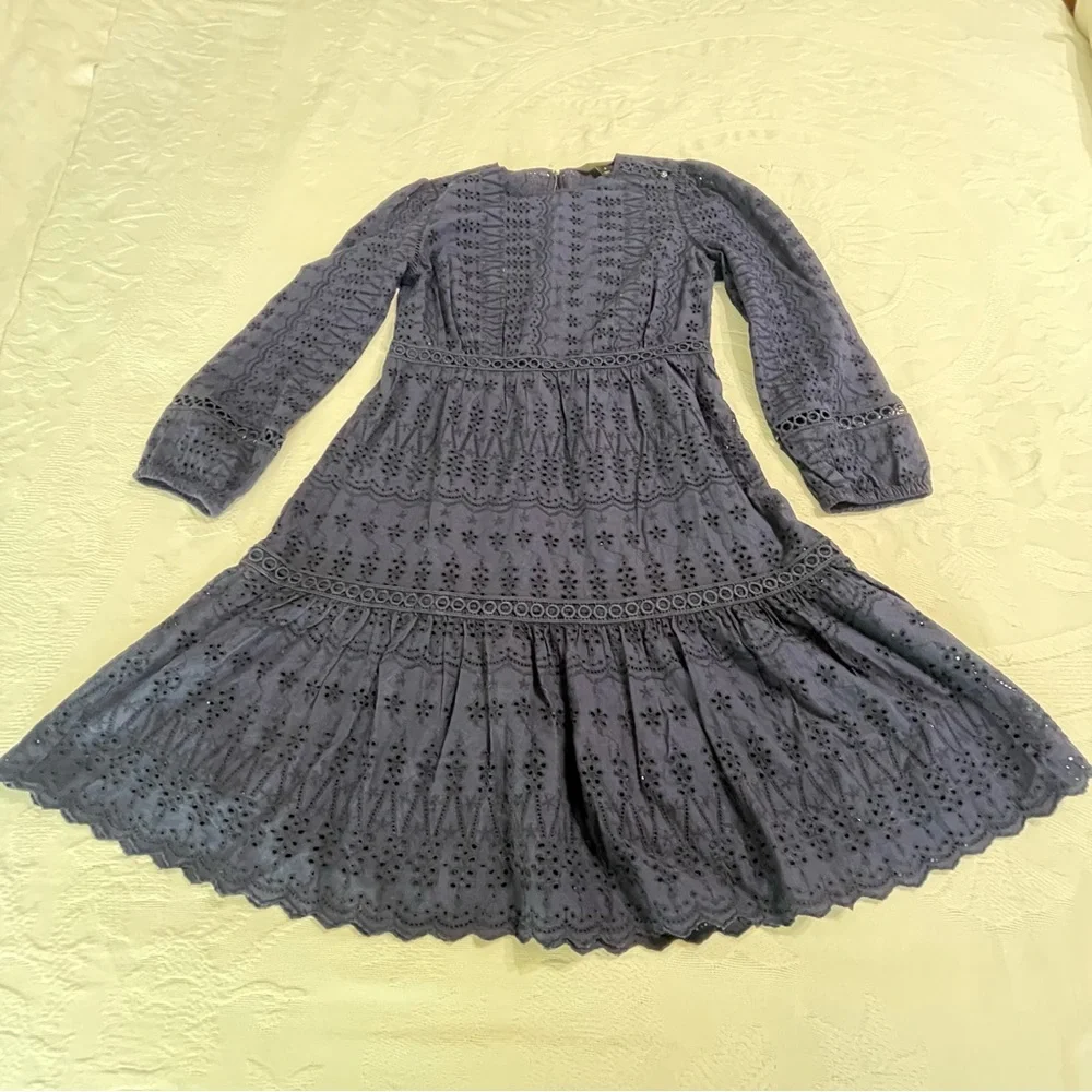 J. Crew Eyelet Lace Flutter Hem Dress Size‎ 2 Navy Blue Preppy A Line